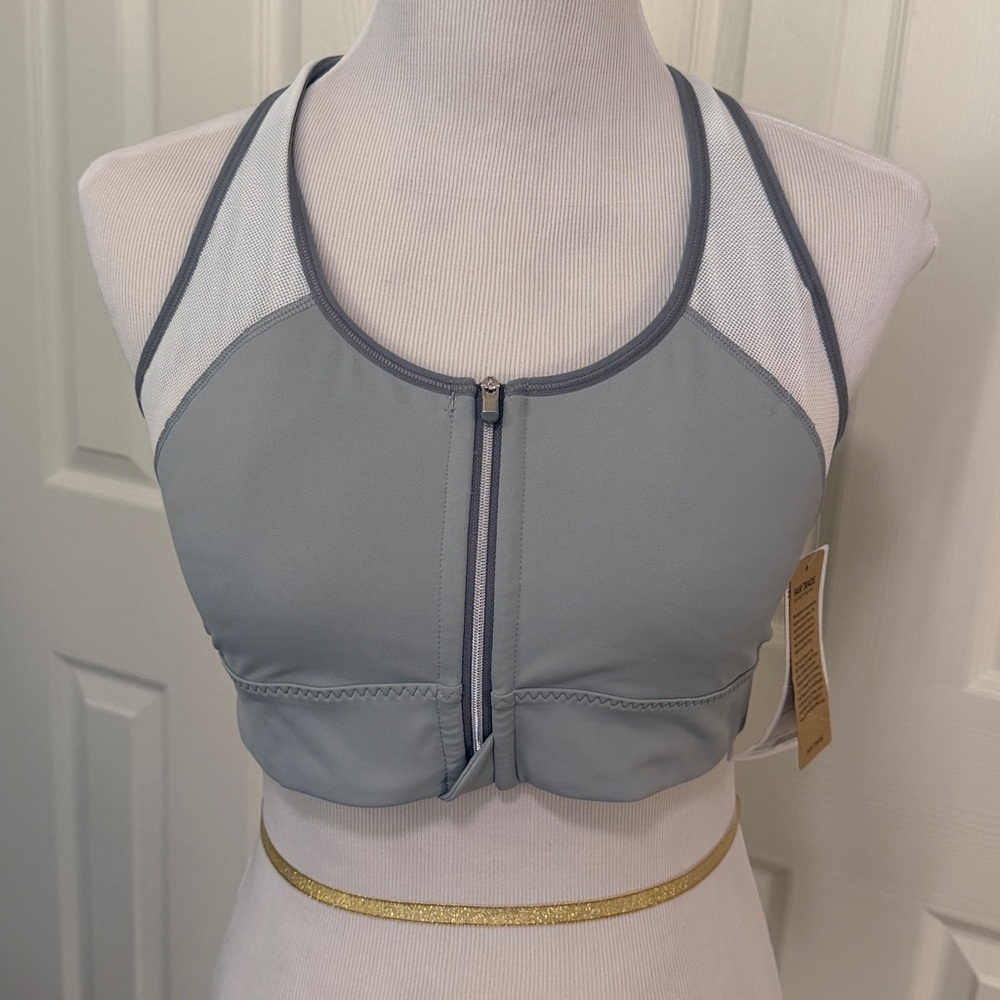 Athleta Zip It Grey and White Racerback Sports Bra with Mesh